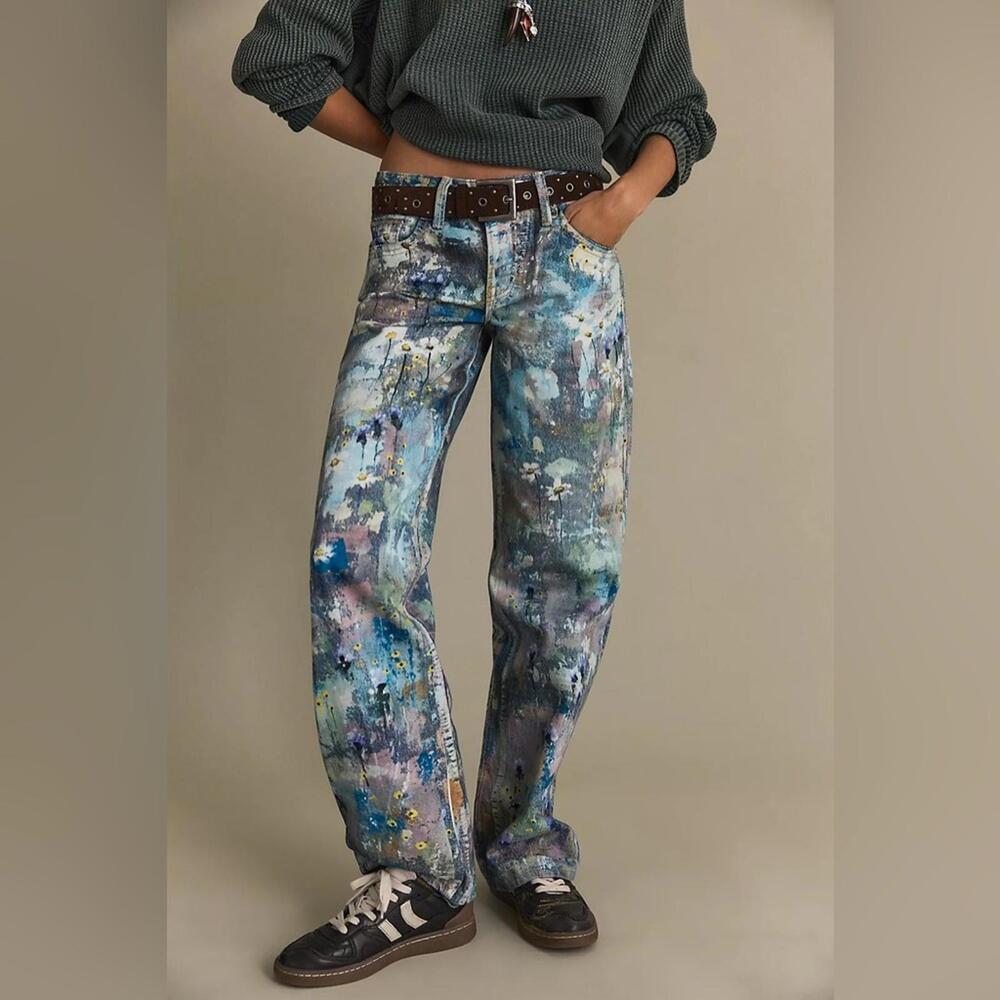 $198 FREE PEOPLE Tennessee Low-Rise Illusions Jeans in Floral Canvas Sz26 #948 - Picture 6 of 12